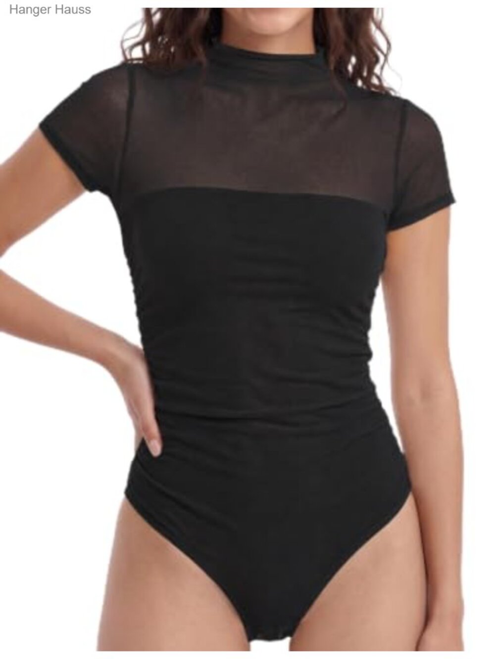 Womens Short Sleeve Mesh Bodysuit Sheer Mock Neck Ruched Thong Leotard